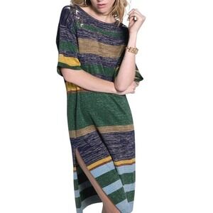 RAPSODIA ANTHROPOLOGIE Women Medium Stripe Knit Midi Dress Beaded Star Slit Boho